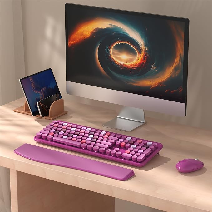 Wireless Keyboard and Mouse Combo with Phone Holder (Rose-Red) | MPTOG Colorful Typewriter Keys with Wrist Rest, , 2.4GHz Wireless, Full-Sized Optical Mouse for PC and Laptop