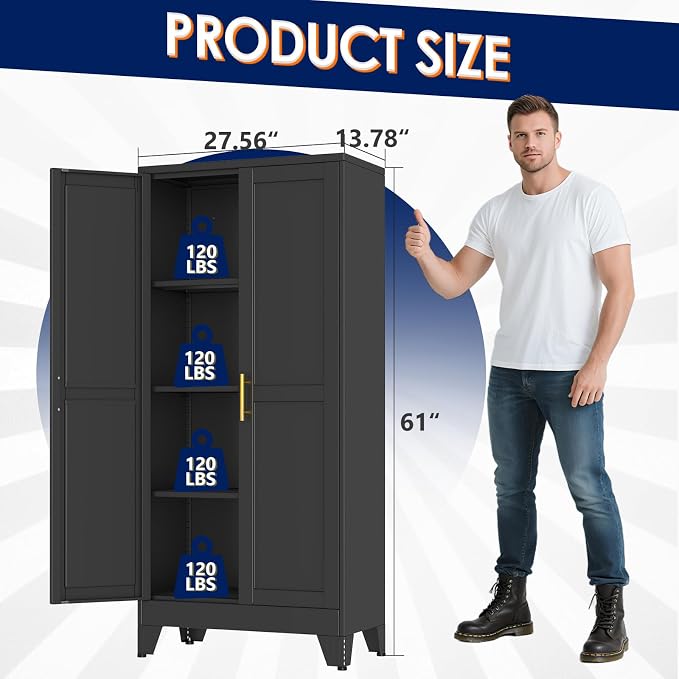 erosoei 61" H Metal Garage Storage Cabinet, Black Metal Pantry Cabinet with 3 Doors, Locker Steel Cabinet with 3 Adjustable Shelves, Freestanding Cupboard for Garage,Office,Home,Gym,School