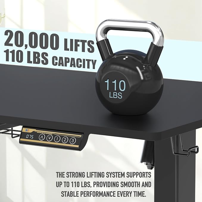 SHW 55 x 28 Electric Height Adjustable Standing Desk w/Drawer, Black | w/ Memory Presets and Cable Management | Drawer with adjustable compartments | Hanging Hooks