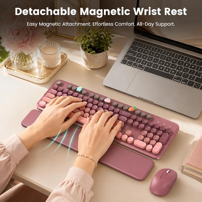 Wireless Keyboard and Mouse Combo, Round Keycaps, Full-Size Retro Typewriter Keyboard with Magnetic Wrist Rest, Tilt Legs, 2.4GHz Cordless for Mac, Windows PC, Laptop, SABLUTE CK23, Dusty Rose Ombre