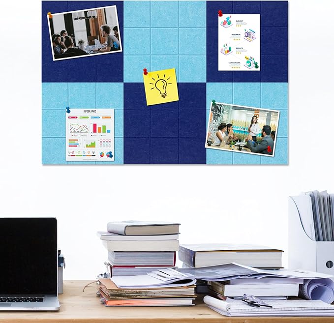 Large Square Felt Cork Board Tiles, Self Adhesive DIY Felt Bulletin Board with 35 Pushpins for Office School Home Wall Decor Stickers Memos (Dark Blue & Sky Blue)