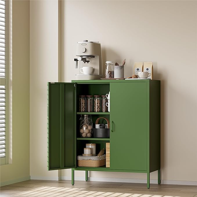COFaR Forest Green Metal Cabinet, 40” Kitchen Pantry & Coffee Bar Cabinet, 3-Tier Adjustable Shelf Organizer with Magnetic Doors, Rustic Modern Sideboard for Dining Room, Home Office