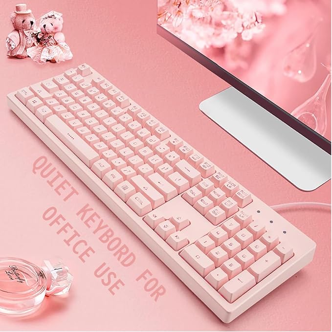 Basaltech Pink Wired Keyboard with White LED Backlit | Full Size 104 Key USB Gaming Keyboard,Quiet Creamy Typing and Double Shot Keycaps Light Up Keyboard for PC, Mac, Laptop