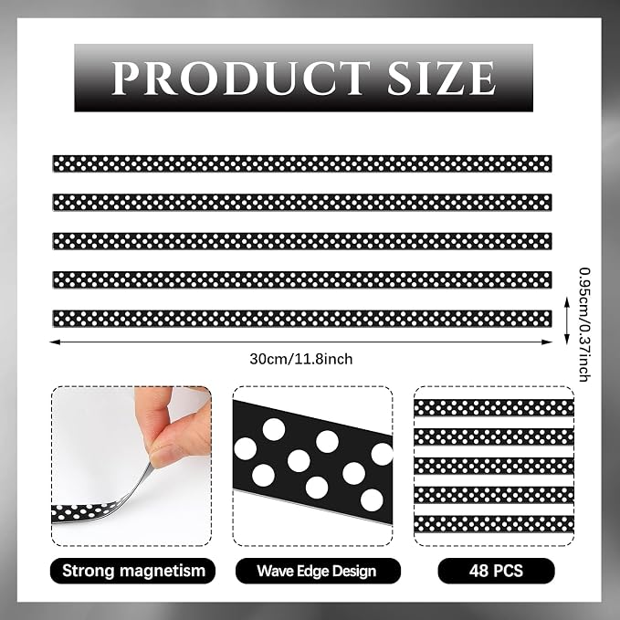Relaxweex 48 Pcs Black and White Polka Dots Magnetic Borders for Classroom Whiteboard Mini Polka Dots Straight Strips Trims for Back to School Classroom Office Decorations