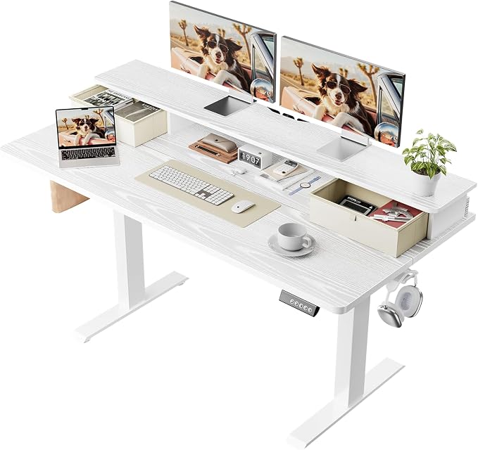 Veken 55x26 in Electric Standing Desk with Drawers, Adjustable Table, White | Stand up Computer Desk for Home Office, Work & Study, with Storage, 3 Memory Presets, Cable Organizer, Hook, and Quiet Lift.