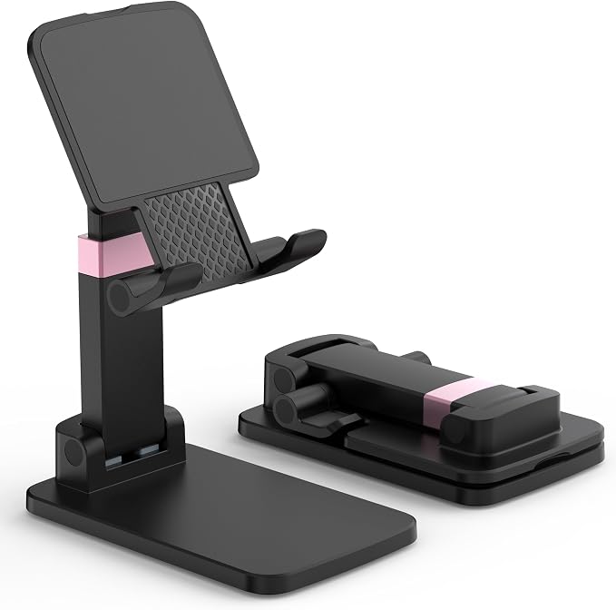 Cell Phone Stand for Desk, Adjustable Height & Angle Phone Holder, Foldable Portable Stand with Anti-Slip Silicone Pad, Compatible with iPhone and All Smartphones 4–8 Inch, Black
