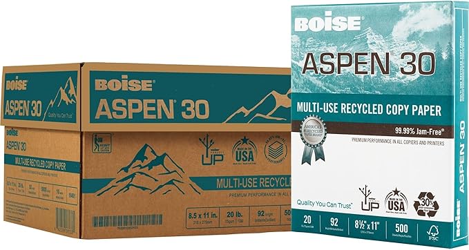 Boise ASPEN 30 Multi-Use Printer & Copy Paper, 10 Reams, White, Letter Size, 5000 Sheets Per Case- 054901-CTN