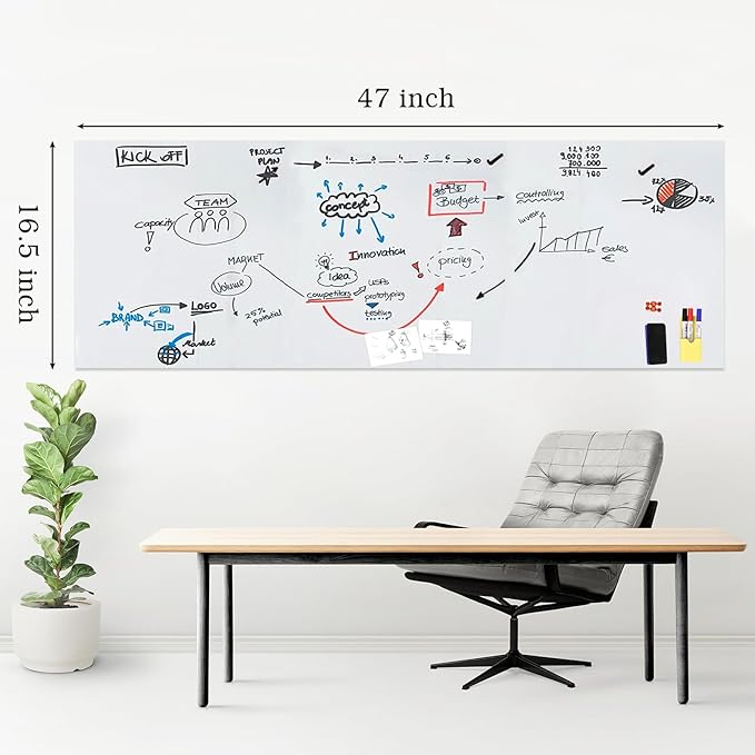 Magnetic White Board Sticker Adhesive 47"x16.5" Dry Magnetic Erase Board Paper for Wall Sticker Refrigerator Whiteboard Sheet for Teacher Supplies Include 3 Markers Eraser with Magnet