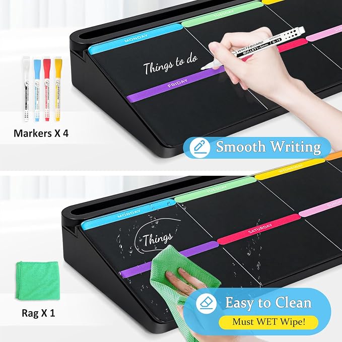 DOLLAR BOSS Glass Desk Whiteboard Calendar Small Dry Erase Board, Black | Desktop White Board with Storage Drawer, Colorful Weekly Calendar, Computer Keyboard Stand, Desk Organizer, Office Supplies