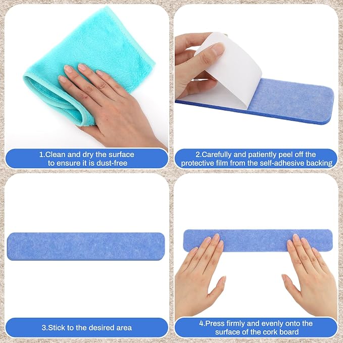 8 Pack Felt Bulletin Board Strips, 13x2 Inch Pin Board, Cork Boards | Self Adhesive, Includes 50 Pushpins and 10 Wooden Clips Push Pins, for Walls Home School Office Decor (Serene Blue Mist)