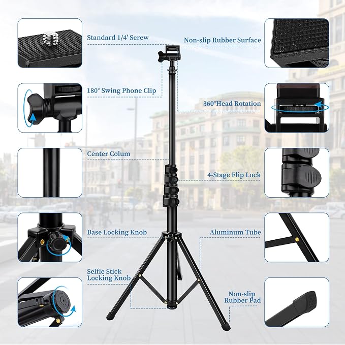 Phone Tripod Stand, 70" Selfie Stick Cell Phone Tripod with Remote | Phone Holder/Carry Bag, Aluminum Alloy Selfie Stick Tripods, Compatible with iPhone Samsung GoPro Smartphone