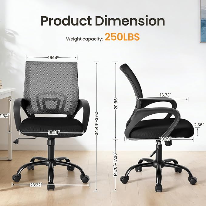 OLIXIS Office Desk Chair - Ergonomic Mid Back with Lumbar Support & Rocking Mode, Height Adjustable with Fixed Armrest, for Home, Computer, Gaming, Conference, Meeting, 360° Swivel, Black, 2 Pack