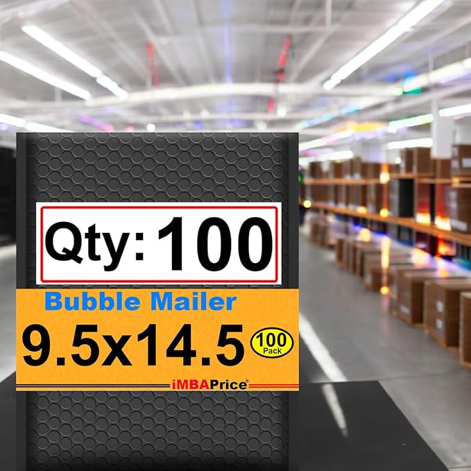 iMBAPrice 9.5x14.5 Inch Black Poly Bubble Mailers, 100-Pack | Medium-Large Padded Shipping Envelopes, Self-Seal Adhesive, Waterproof, For Electronics & Accessories