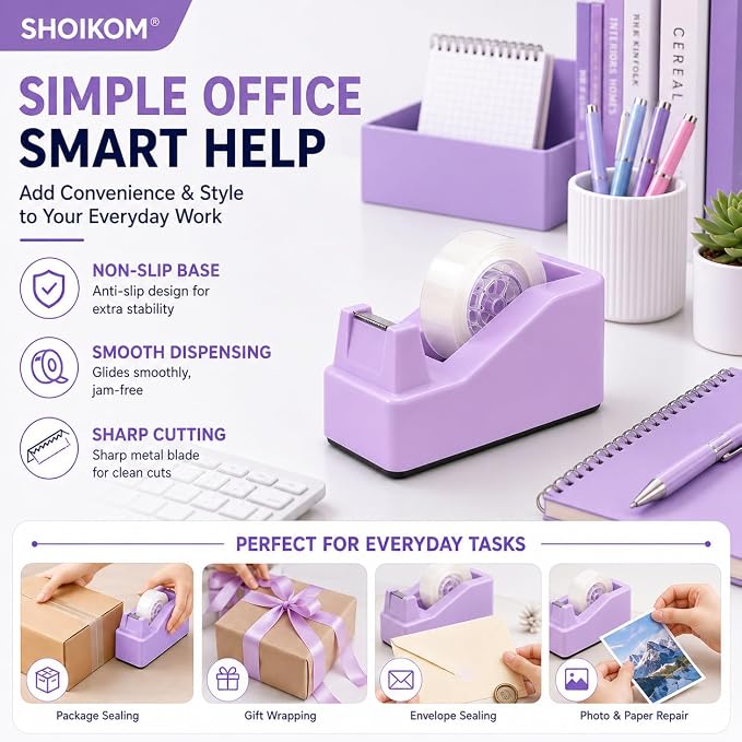SHOIKOM Purple Tape Dispenser for Desk, Weighted Non-Slip Base, One-Hand Tape Cutter, Cute Macaron Office Desk Accessory (Tape not Included)
