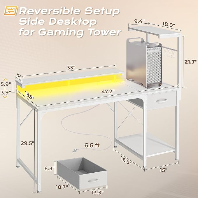 47.2 Inch Gaming Desk with LED Lights & Power Outlets | Computer Desk with Drawer & Storage Shelves, Office Writing Desk with Monitor Stand for Work from Home, White
