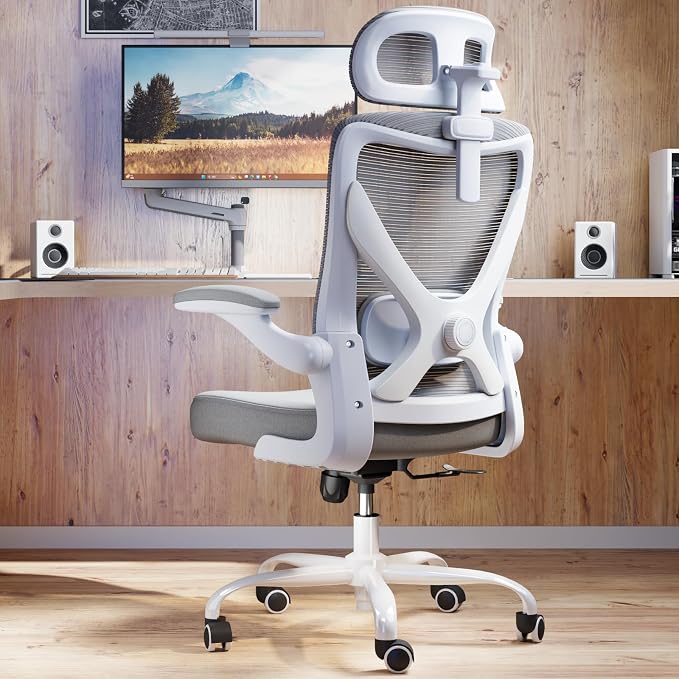 Ergonomic Office Chair: Mesh Desk Chair Comfy with Headrest& Lumbar Support | Ergalithic Big and Tall Office Chairs with Wheels & Flip-Up Arms-Computer Gaming Chairs for Adults Home Office Chairs(Grey)