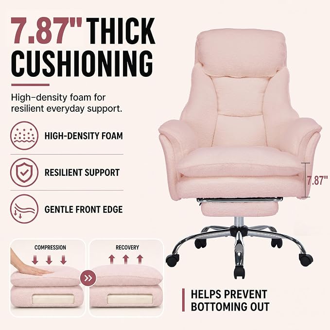 Criss Cross Office Chair with Wheels,Flip-Up Arms and Footrest, Pink | Cross Legged Office Chair, 30" Wide Seat, 7.87" Teddy Fleece Cushion, 155° Recline, 400 lb, Home Office or Vanity