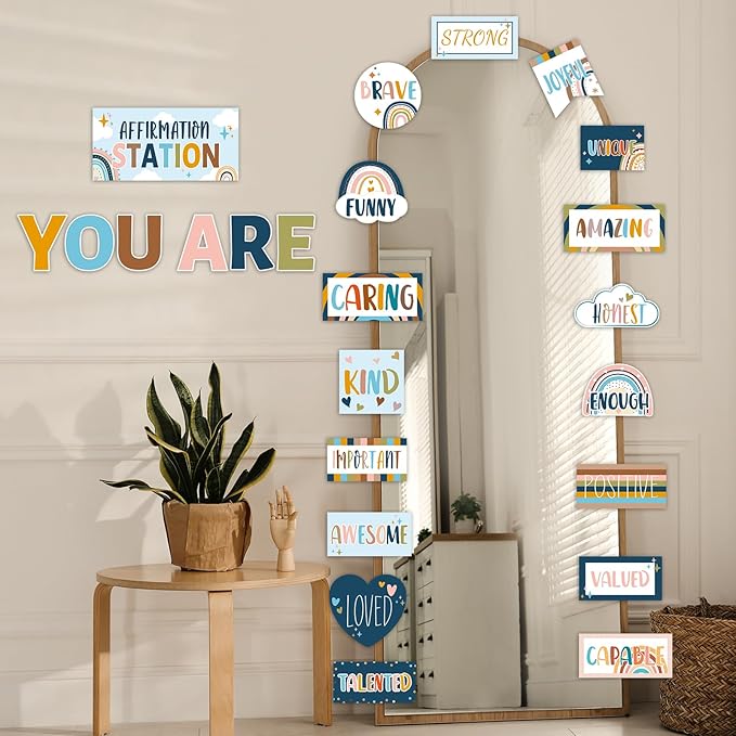 Boho Affirmation Station Bulletin Board Set Rainbow Bulletin Board for Classroom Decor Hippie Motivational Posters Positive Affirmations Accents Cutouts for Teachers School Chart Wall Supplies