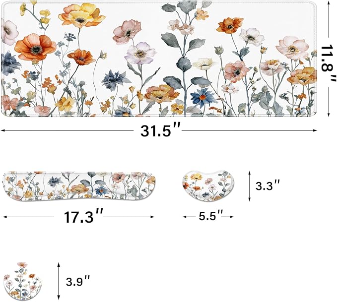 Desk Pad and Keyboard Wrist Rest, Large Mouse Pad + Keyboard Pad+Mouse Wrist Support, Non-Slip Desk Mat Protector for Office, Home 31.5×11.8 Inches Cute Floral