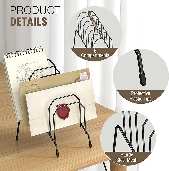 Incline Desk Mail Organizer, Mail Sorter Letter Organizer Rack with 6-Section Vertical Compartments Rack for Letters, Postcards, Brochures, Mail Holder for Office, Home, School