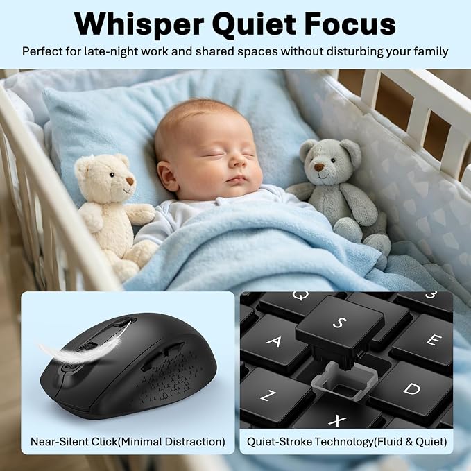 Full-Size Silent Wireless Keyboard and Mouse Combo with Palm Rest | 30dB quiet keys, silent clicks, 12-month battery, 1.4-in rear lift, 12 hotkeys, auto sleep, 2.4G receiver, Win/macOS/ChromeOS