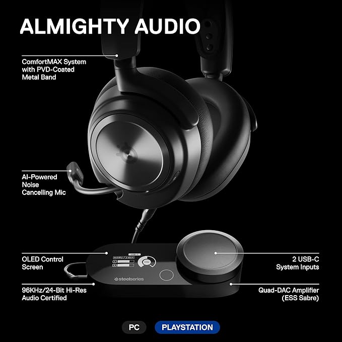 SteelSeries Arctis Nova Pro Multi-System Gaming Headset - Premium Hi-Fi Drivers, Hi-Res Audio - 360° Spatial Audio - GameDAC Gen 2 - ESS Sabre Quad-DAC - Stealth Retractable Mic - PC, PS5, PS4, Switch