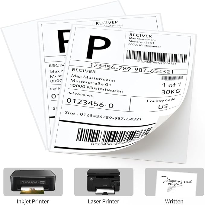 8.5" x 11" Sticker Paper for Inkjet Printers - 500 Sheets Full Sheet Shipping Labels Printable Full Page Labels 8.5×11 White Sticker Paper for Laser Printing - Matte