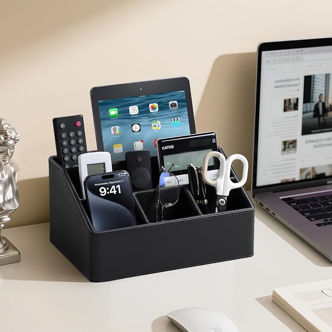 PU Leather Desk Organizer, Remote Control Holder, Black | Luxury Nightstand Organizer for Home, Office Desk Accessories, Bedside Table Caddy with 5 Compartments, Velvet Lining
