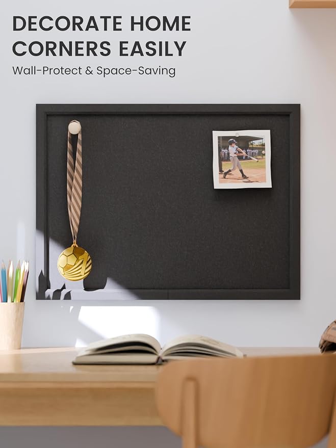 Fluxynara 23.6" x 17.1" Felt Frame Bulletin Board, Black | Cork Board Alternative with 12 Removable Adhesive Tabs, Foldable Pin Board for Wall, Home, Office, Classroom & Dorm