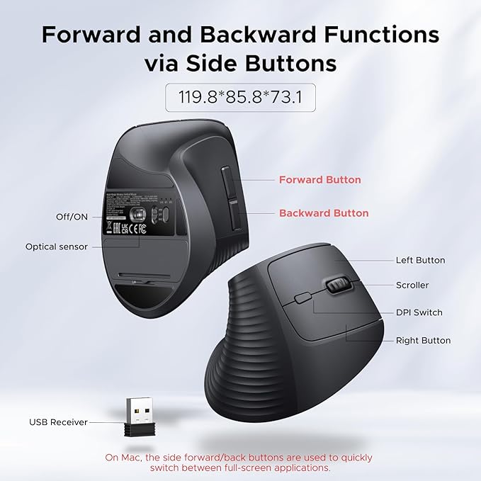 UGREEN Ergonomic Mouse, Wireless Bluetooth Vertical Mouse, Dual-Mode (BT 5.4 & USB 2.4G), Quiet Clicks, 4 Adjustable DPI (1000/1600/2000/4000), Compatible with Windows/Mac/Linux/Android/ChromeOS