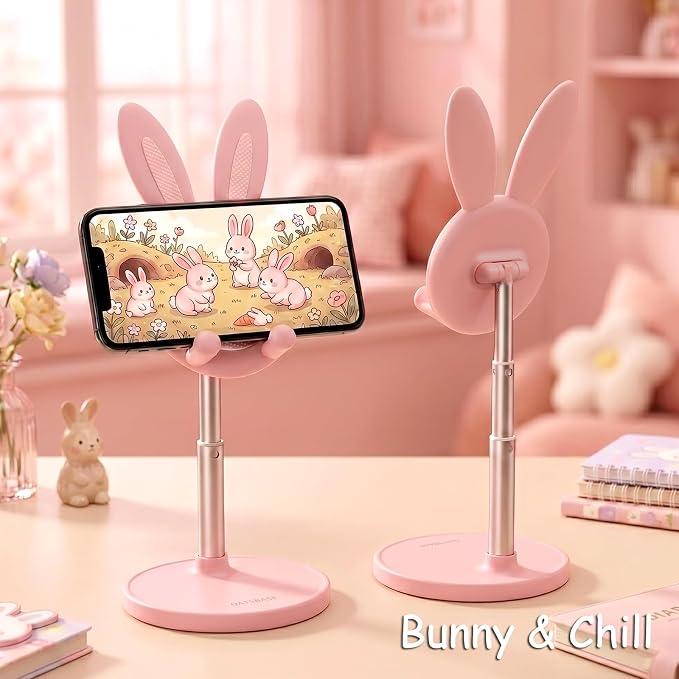 OATSBASF Cute Bunny Phone Stand Adjustable Pink Phone Holder for Phones | Weighted Base Kawaii Desk Accessories, Aesthetic Room Decor Gift for Women/Girls/Kids, Compatible with All Phones