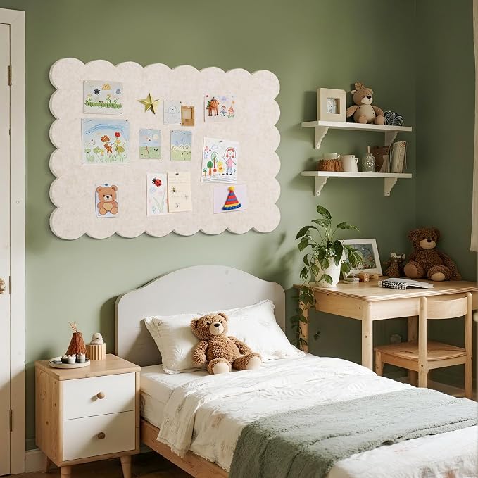 Scalloped Bulletin Board 40x30 inches, Decorative Felt Pin Board for Wall | Cute Cork Board Alternative with Push Pins, Foldable Display Vision Board for Photos, Notes & Reminders