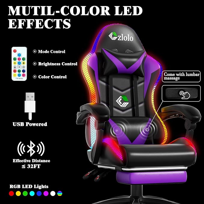 Gaming Chair, RGB LED Lights Computer Chair with Footrest, Lumbar Support Massager Gamer Chair, High Back, 90-135° Reclining, Linkage Armrests, Purple