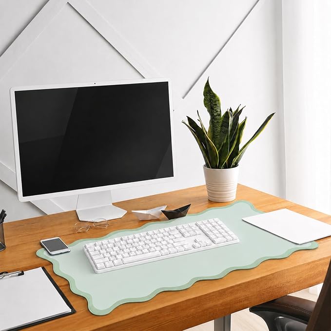Hahafelt Scalloped Desk Mat Waterproof,Mint Green,31.5 X 15.8 Inches | Coquette Preppy Style for School Office Makeup Vanity, Nonslip Gaming Desktop Protector with Scalloped Stitched Edge Mat
