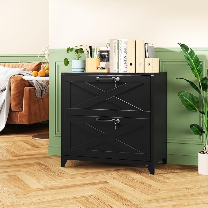 MIIIKO 2 Drawer File Cabinet with Lock,Metal Lateral Filing Storage Cabinets for Home Office,Files Folders Letter/Legal/A4 Size(Black)