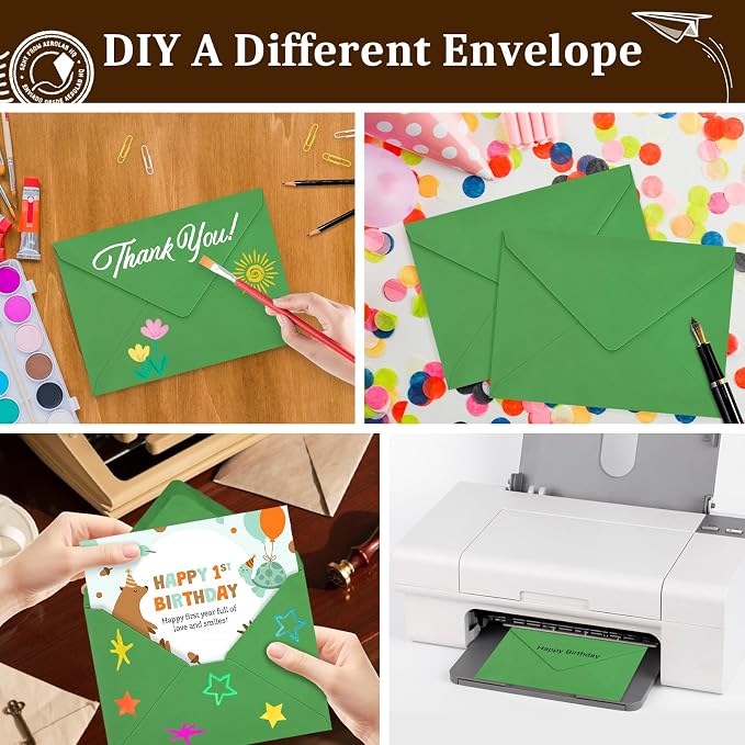 200 Pack A7 Envelopes, Green Greeting Card Envelopes Self Seal, 5.24 x 7.24 in Christmas Envelopes for Birthday Graduation Baby Shower Wedding