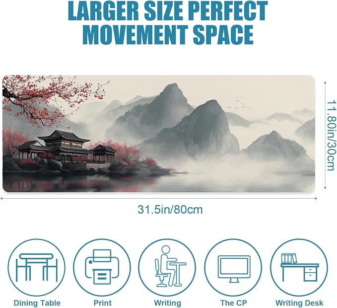 Japanese Large Mouse Pad, Gaming Mousepad Big XL Extended Non-Slip Stitched Edges, Desk Mat, Laptop Computer Keyboard Pad for Desktop Decor Office Home, 31.5x11.8in