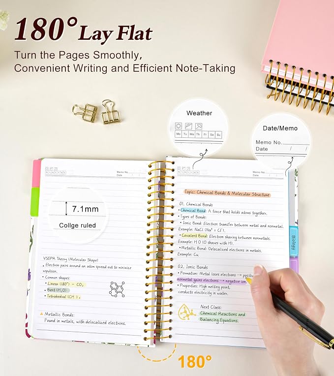 5 Subject Notebook College Ruled 240 Pages, A5(5.8"x8.3") Hardcover Spiral Notebook with Removable Dividers Tabs, Lined Spiral Journal Notebook for Women, Notebooks for Work School，whitespringflower