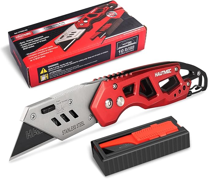 HAUTMEC Folding Utility Knife with 10-Pack SK2H Blades, Heavy-Duty Aluminum Alloy Box Cutter with Belt Clip, Carabiner, Quick-Change Blades & Safety Lock – HT0263
