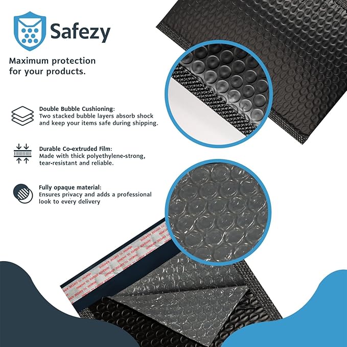 Poly Bubble Mailers 6x10 Inches – Black Self-Seal Padded Shipping Envelopes, Usable Size 6x9, Bubble Mailer Bags for Small Parcels, Jewelry, Cosmetics & Phone Accessories – 50 Pack