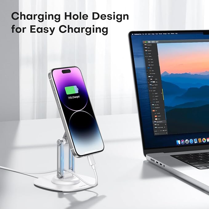 OMOTON MS04 [360° Rotating] Adjustable Magnetic Phone Stand for Desk, White | Foldable Aluminum for MagSafe Cell Phone Stand Holder with Non-Slip Base, for iPhone 17/16/15/14 Pro Max Air/MagSafe Case