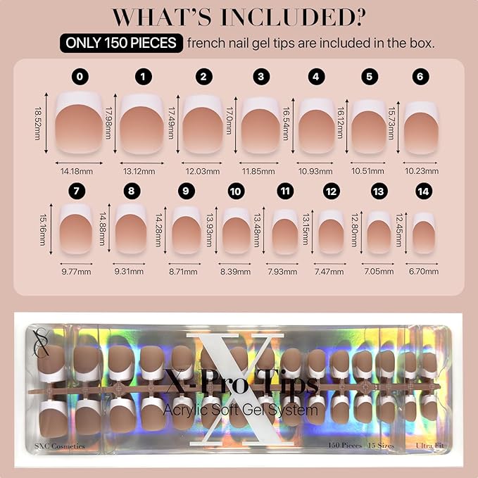 SXC Cosmetics French Tip Press On Nails Brown Extra Short Square 150 Pieces in 15 Sizes Ultra Fit with Pre-applied Tip Primer and Base Coat, No Need to File Fake Nails for Nail Art DIY X-Pro Tips