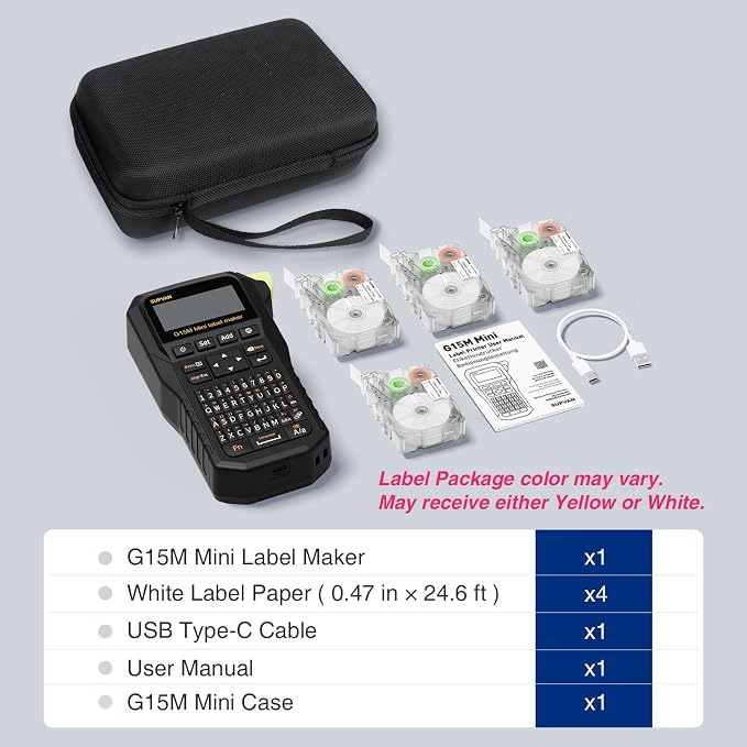 SUPVAN G15M Mini Portable Label Maker with 4 Tapes & Carrying Case | Heat Shrink Tube & Multiple Label Types, Rechargeable, Minimal Margin, LCD Backlit, Thermal Transfer, Home, Garage, Outdoor