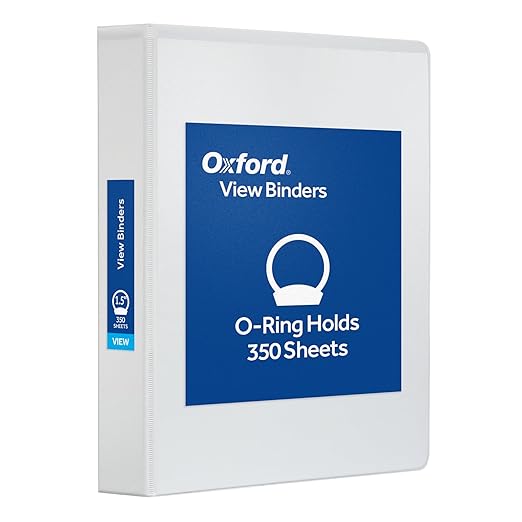 Oxford Ring Binders,1.5" Round Ring Binders,View Binder,Covers on 3 Sides,XtraLife Hinge,Non-Stick,PVC-Free,White,350 Sheet Capacity (1002547),(Pack of 12)