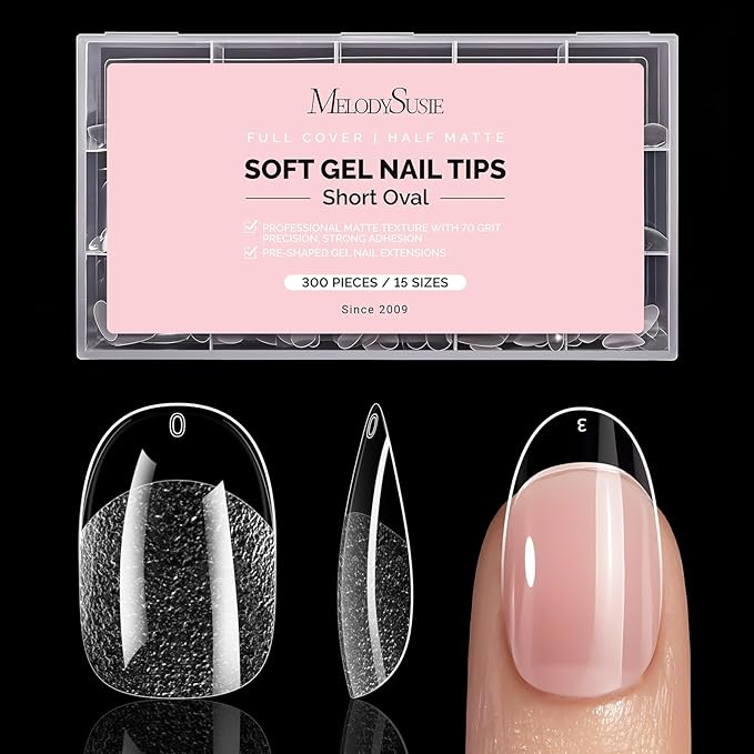 MelodySusie Short Oval Round Almond X Nail Tips - 300Pcs 15 Sizes Clear Acrylic,Half Matte Full Cover Press on Nails for DIY Extension & Salon Use,Pre-Shaped for Long-Lasting Manicure