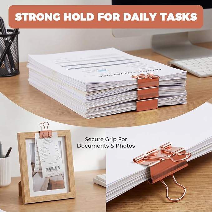 100 Pcs Binder Clips for Office, Paper Clamps, Metal Clamp Bulk for Document Organizing, School Supplies for Teacher Business, Rose Gold Binder Clips (Mini, Small, Medium, Large)