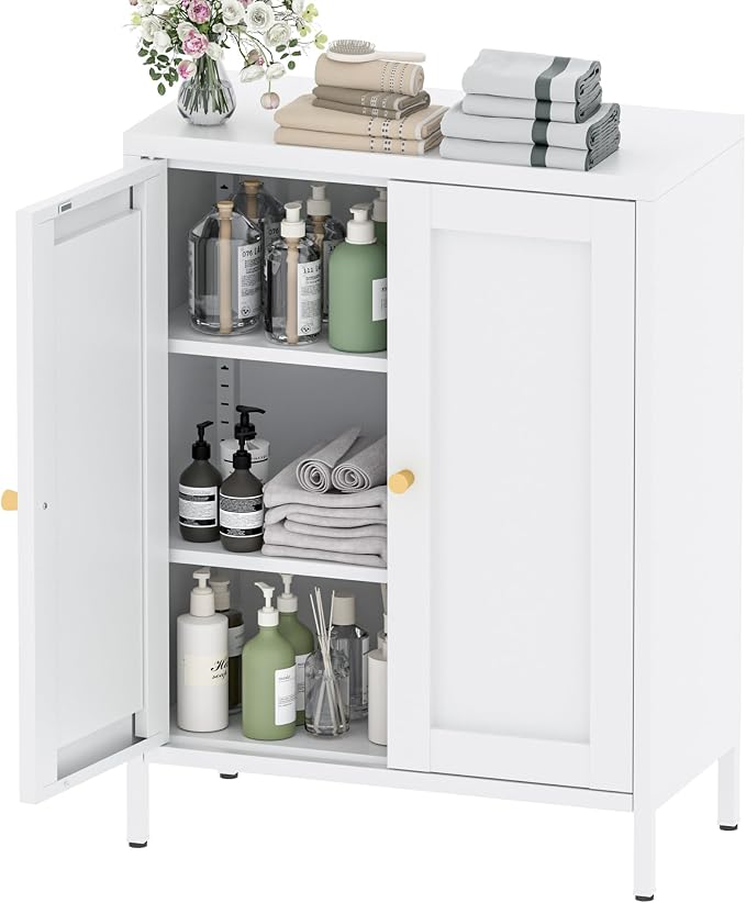 YAUWOH Metal Bathroom Storage Cabinet,Bathroom Floor Storage Cabinet with 2 Adjustable Shelves and 2 Doors,Freestanding Sideboard for Small Spaces, Living Room, Home Office, Dining Room,White
