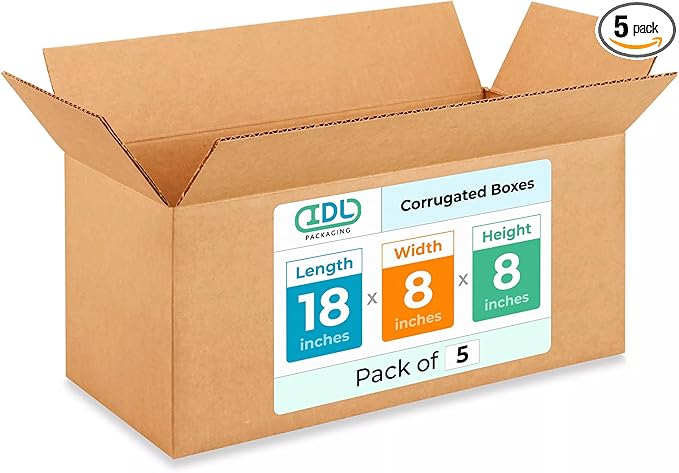 Medium Shipping & Moving Boxes 18 x 8 x 8 inches (5-Pack) - Extra Strength 200 lb vs Regular - USA-Made Corrugated Medium Moving Boxes - Box for Packaging - Square Box by IDL Packaging