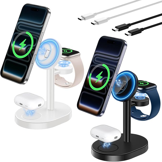 2026 3 in 1 Wireless Charging Station for Apple MagSafe Charger, 15W Fast Magnetic Mag-Safe Charger Stand for iPhone 17 16 15 14 13 12 Watch AirPods (Adaptor Not Included), 2 Pack Black&White