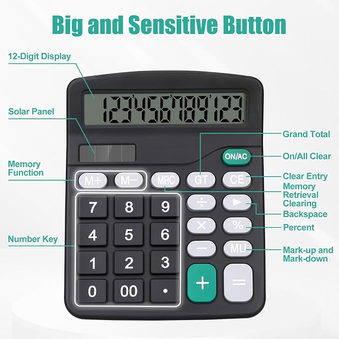 Desktop Calculator, Black Calculator Big Buttons, 12-Digits | Large LCD Display, Solar and AA Battery Dual Power, Desk Calculators for Office Home School Business Class (Black)